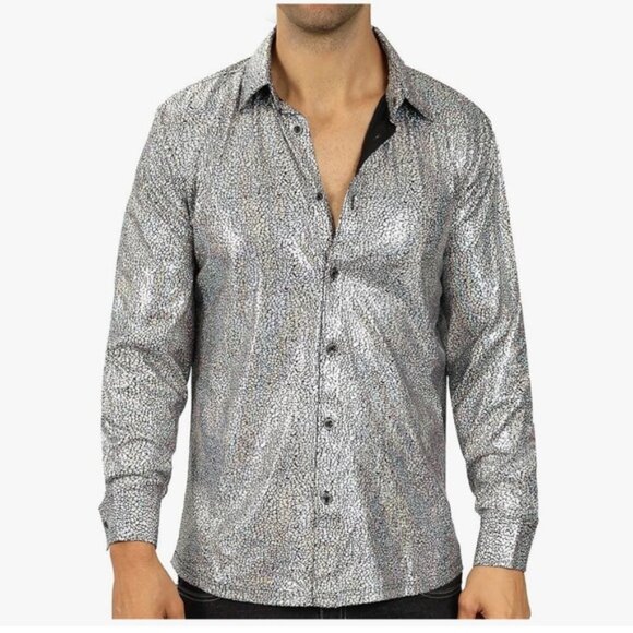 !! SOLD !!  Wulful Disco Party Shirt Metalic Holographic Nightclub Men Silver XL - Picture 3 of 16